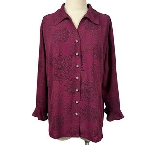 Covington Women's 16–18W Burgundy Blouse Jeweled Floral Buttons Long‎ Sleeve